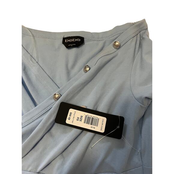 Bebe off-shoulder sheath dress Size XS Baby blue wedding guest love island theme - Picture 3 of 14